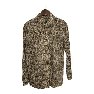 J McLaughlin Top Shirt Blouse Brown Animal Print Button Up 100% Cotton Women L
